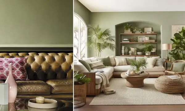 Un salon moderne et un canapé en cuir marron, le tout baigné d'une douce lumière dans un décor aux nuances vert sauge nuancier.