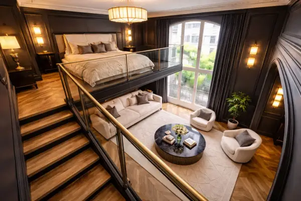 Élégante chambre mezzanine avec un lit douillet en hauteur, un salon cosy en contrebas et un escalier en bois menant à cet espace unique.