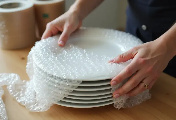 Mains protègent une pile de vaisselle avec du papier bulle, préparant le déménagement.