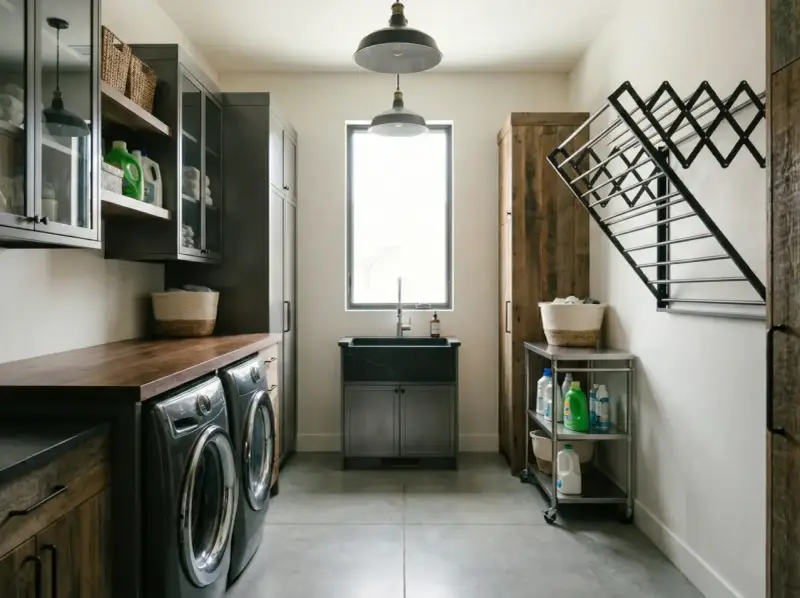 Ample space in this arrière cuisine, with two washers, a large sink, and plenty of storage. A drying rack is mounted on the wall.