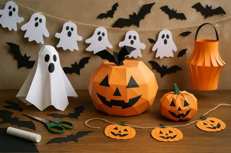 Déco halloween pas cher à faire soi-même : fantômes, citrouilles en papier, chauves-souris et lanterne orange.
